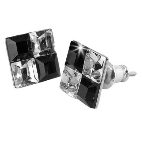 Fülbevaló, négyzet, fekete-fehér SWAROVSKI® kristállyal, 8 mm, ART CRYSTELLA®