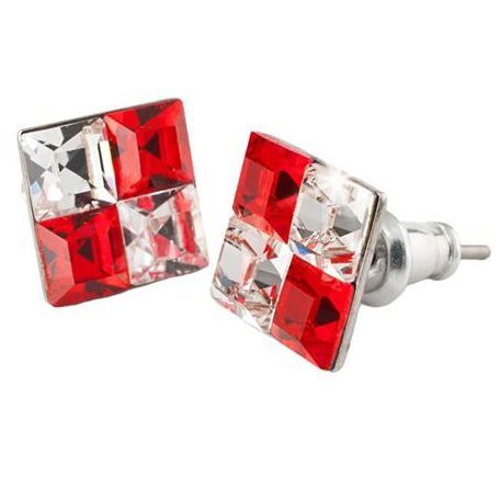 Fülbevaló, négyzet, light siam piros-fehér SWAROVSKI® kristállyal, 8mm, ART CRYSTELLA®